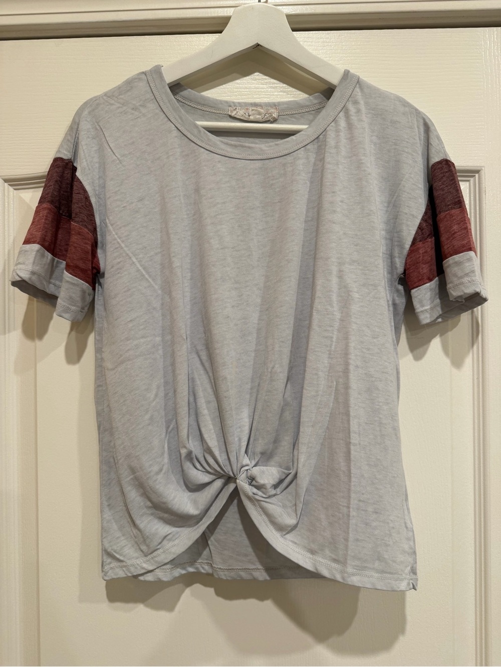 Pink Rose Light Gray Knot Front Tee with Burgundy Stripe Sleeves